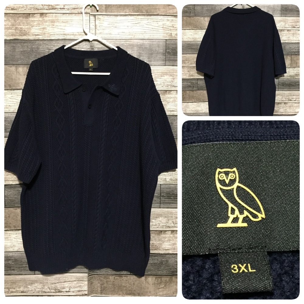 Ovo Cable Knit Sweater Polo Men’s 3XL Navy Blue Heavyweight 100% Cotton